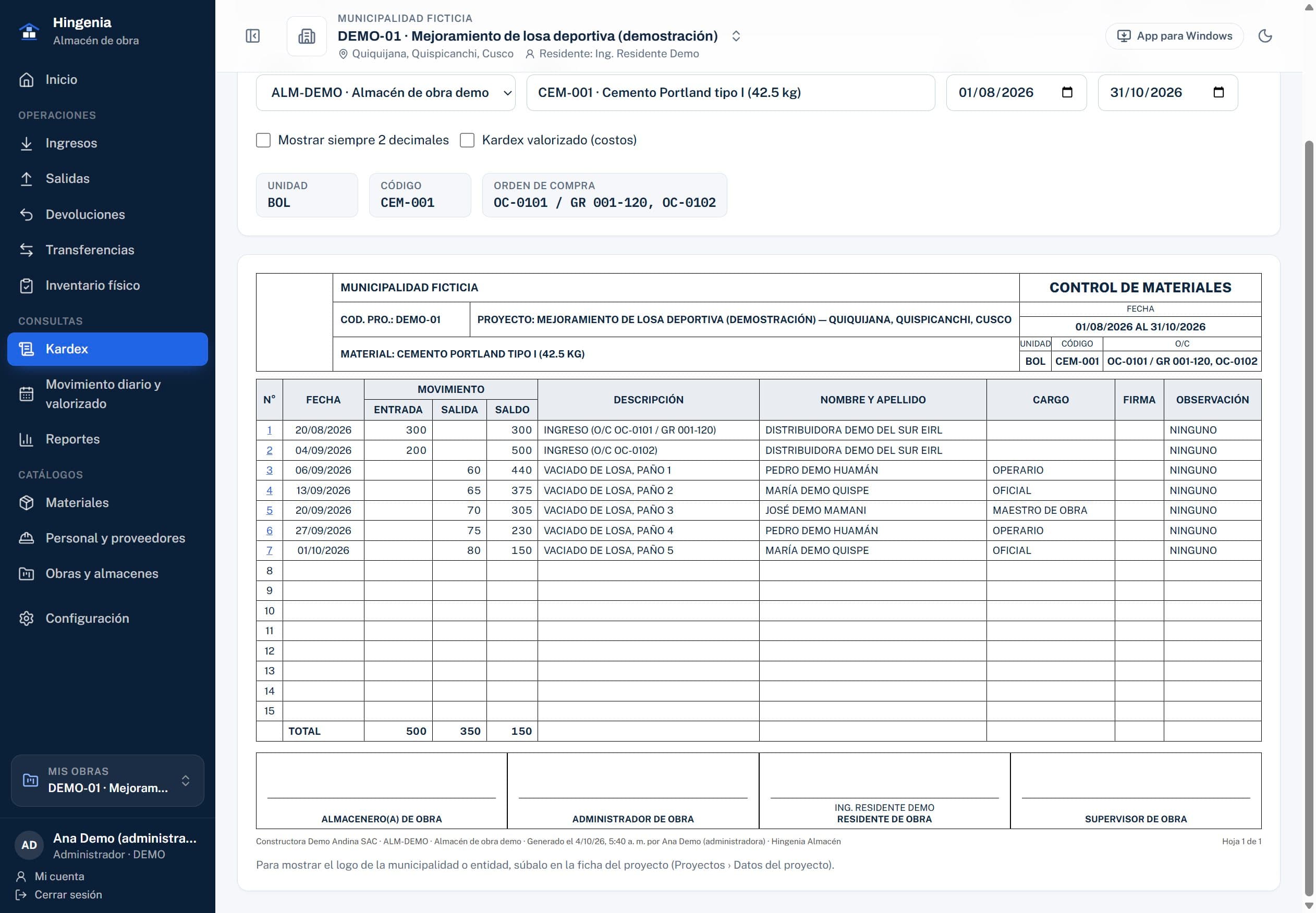 Kardex de control de materiales con firmas