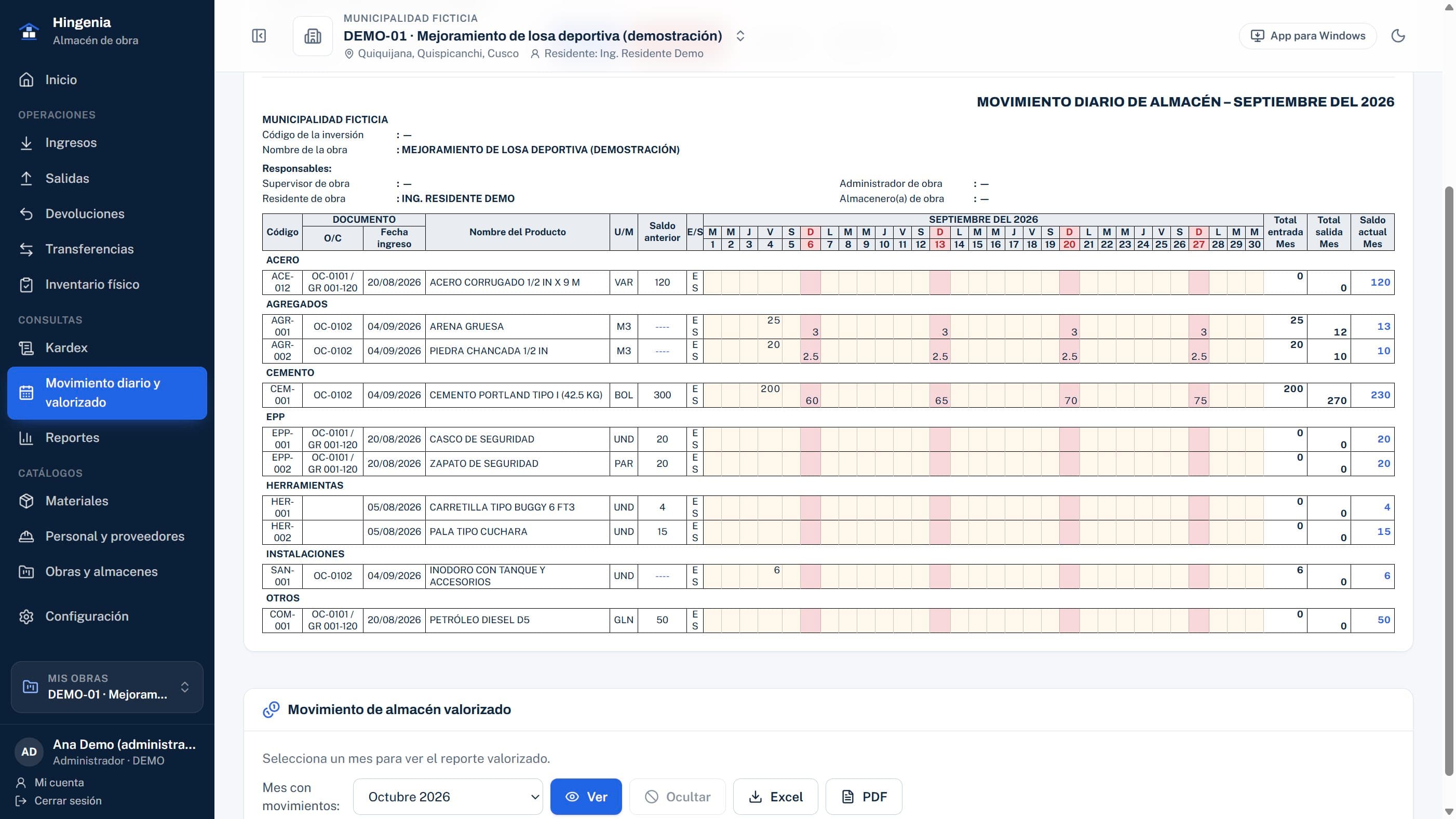 Reporte de movimiento diario de almacén del mes